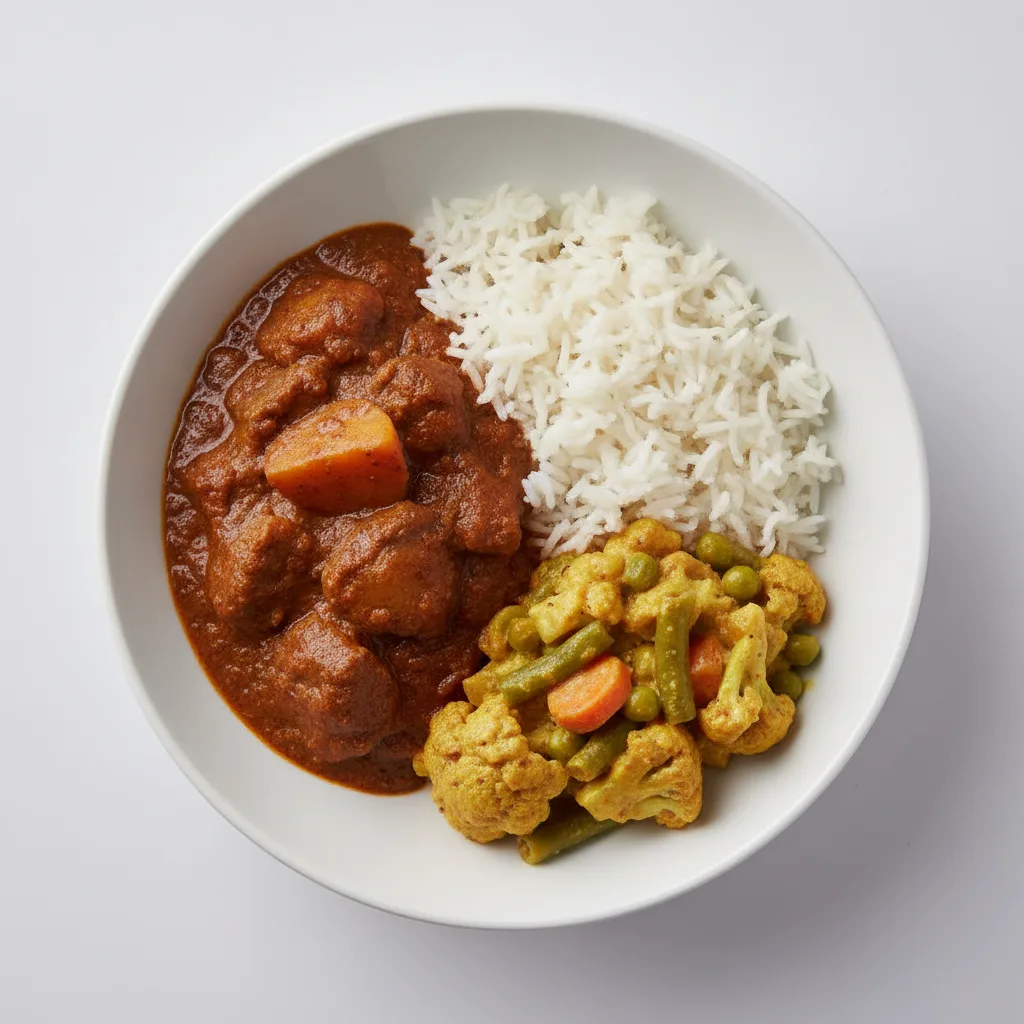 Goat Vindaloo with Rice and Veggie Korma (No Cliantro) Goat Vindaloo with Rice and Veggie Korma (No Cliantro)