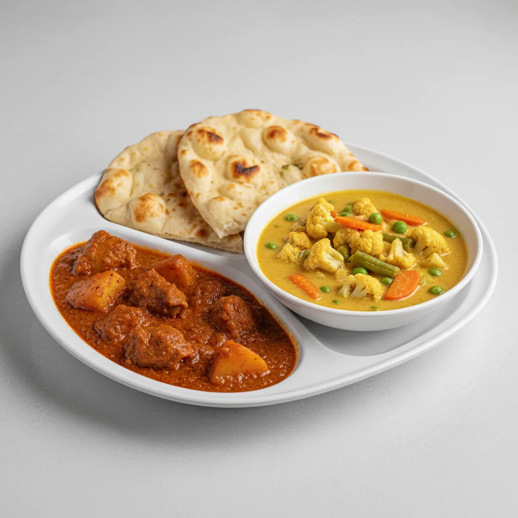 Goat Vindaloo with Naan and Veggie Korma (No Cliantro) Goat Vindaloo with Naan and Veggie Korma (No Cliantro)
