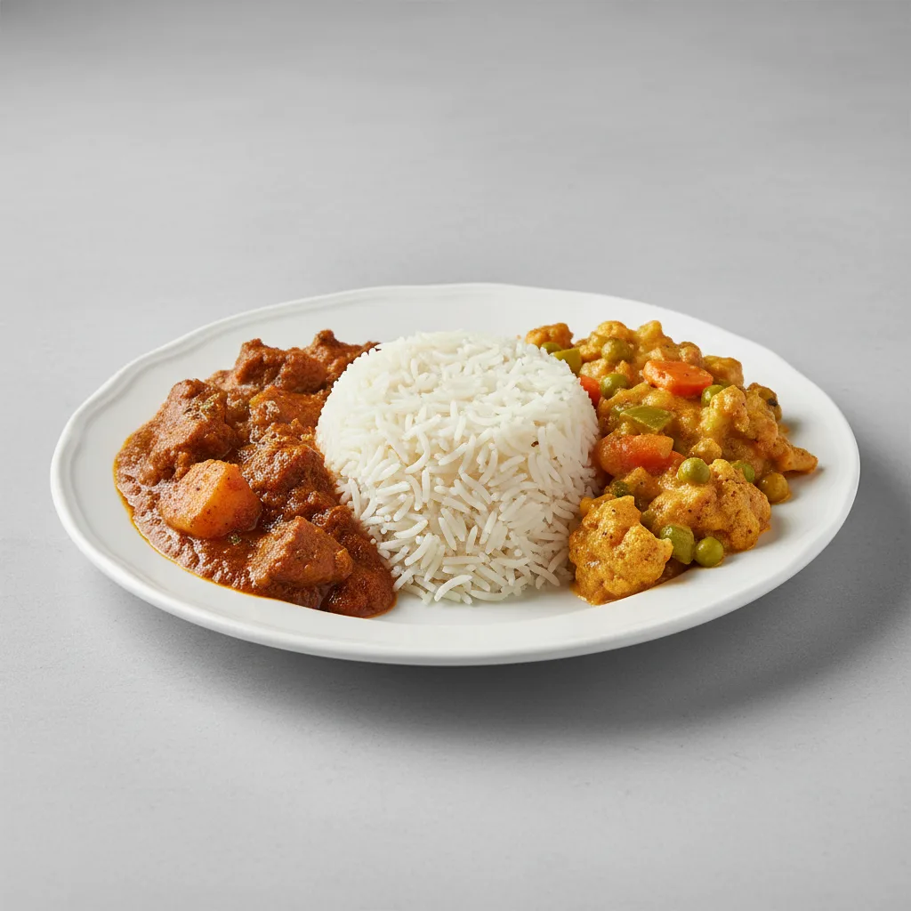 Lamb Vindaloo with Rice and Veggie Korma (No Cliantro) Lamb Vindaloo with Rice and Veggie Korma (No Cliantro)