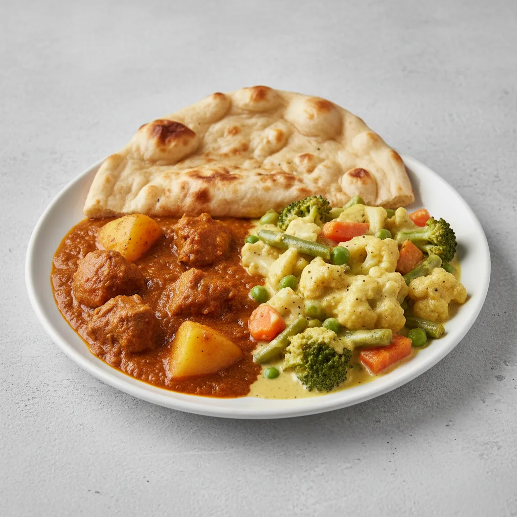 Lamb Vindaloo with Naan and Veggie Korma (No Cilantro) Lamb Vindaloo with Naan and Veggie Korma (No Cilantro)