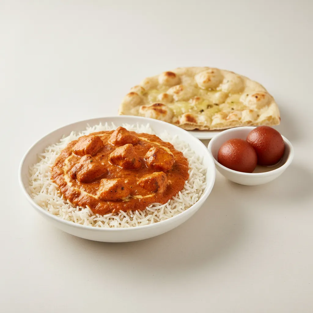 Chicken Tikka Masala Bowl With Butter Naan & Gulab Jamun Chicken Tikka Masala Bowl With Butter Naan & Gulab Jamun