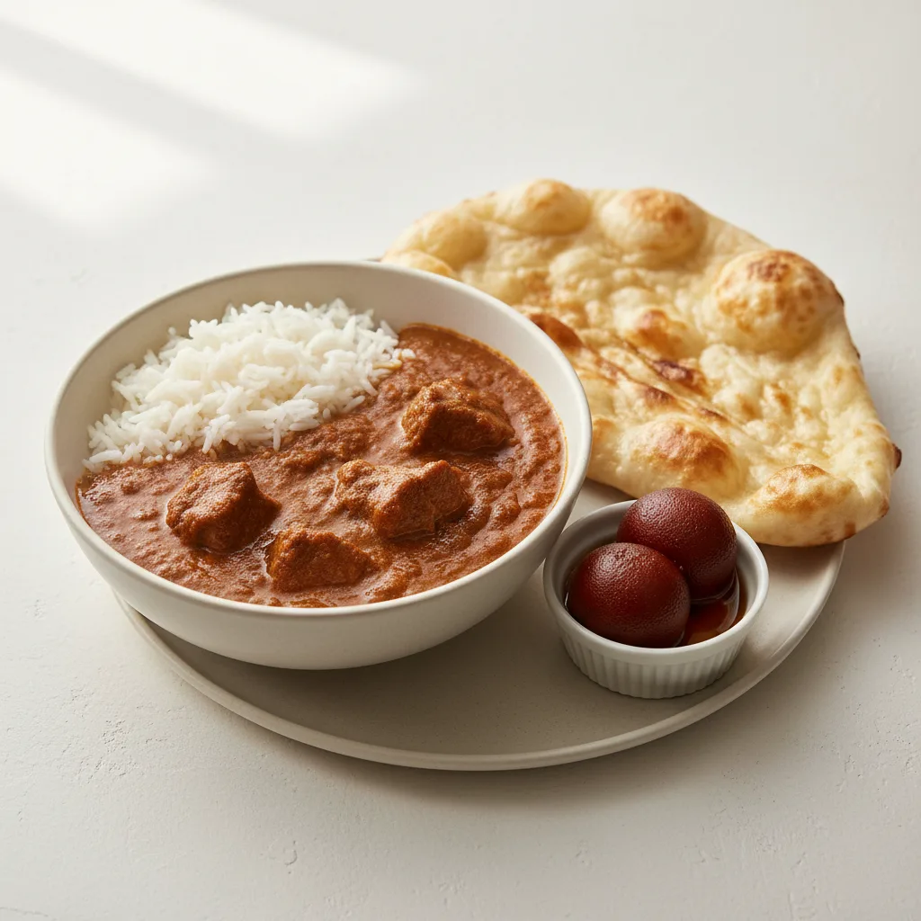 Lamb Curry Bowl With Butter Naan & Gulab Jamun Lamb Curry Bowl With Butter Naan & Gulab Jamun