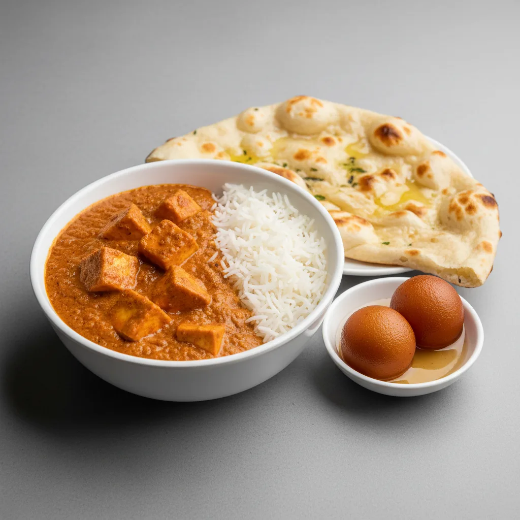 Paneer Butter Masala Bowl With Butter Naan & Gulab Jamun Paneer Butter Masala Bowl With Butter Naan & Gulab Jamun