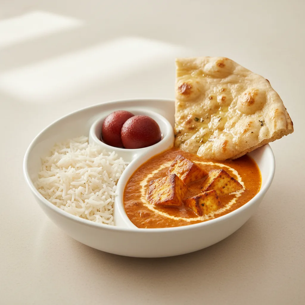 Paneer Tikka Masala Bowl With Butter Naan & Gulab Jamun Paneer Tikka Masala Bowl With Butter Naan & Gulab Jamun