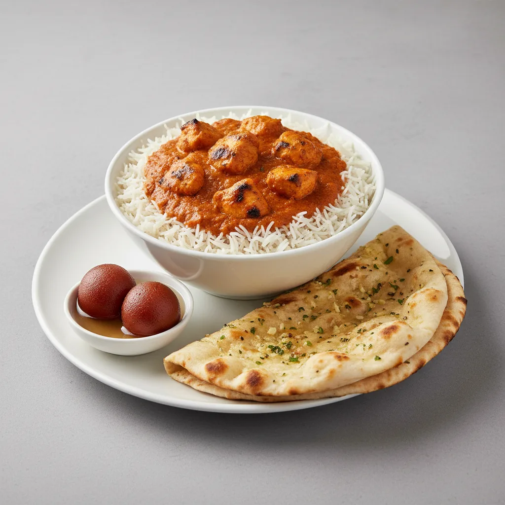 Chicken Tikka Masala Bowl With Garlic Naan & Gulab Jamun Chicken Tikka Masala Bowl With Garlic Naan & Gulab Jamun