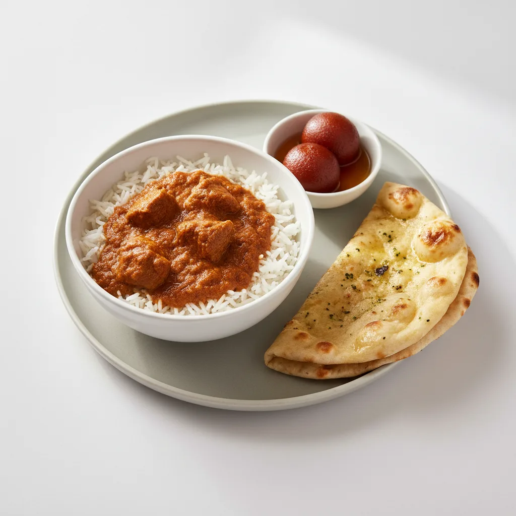 Lamb Curry Bowl With Garlic Naan & Gulab Jamun Lamb Curry Bowl With Garlic Naan & Gulab Jamun