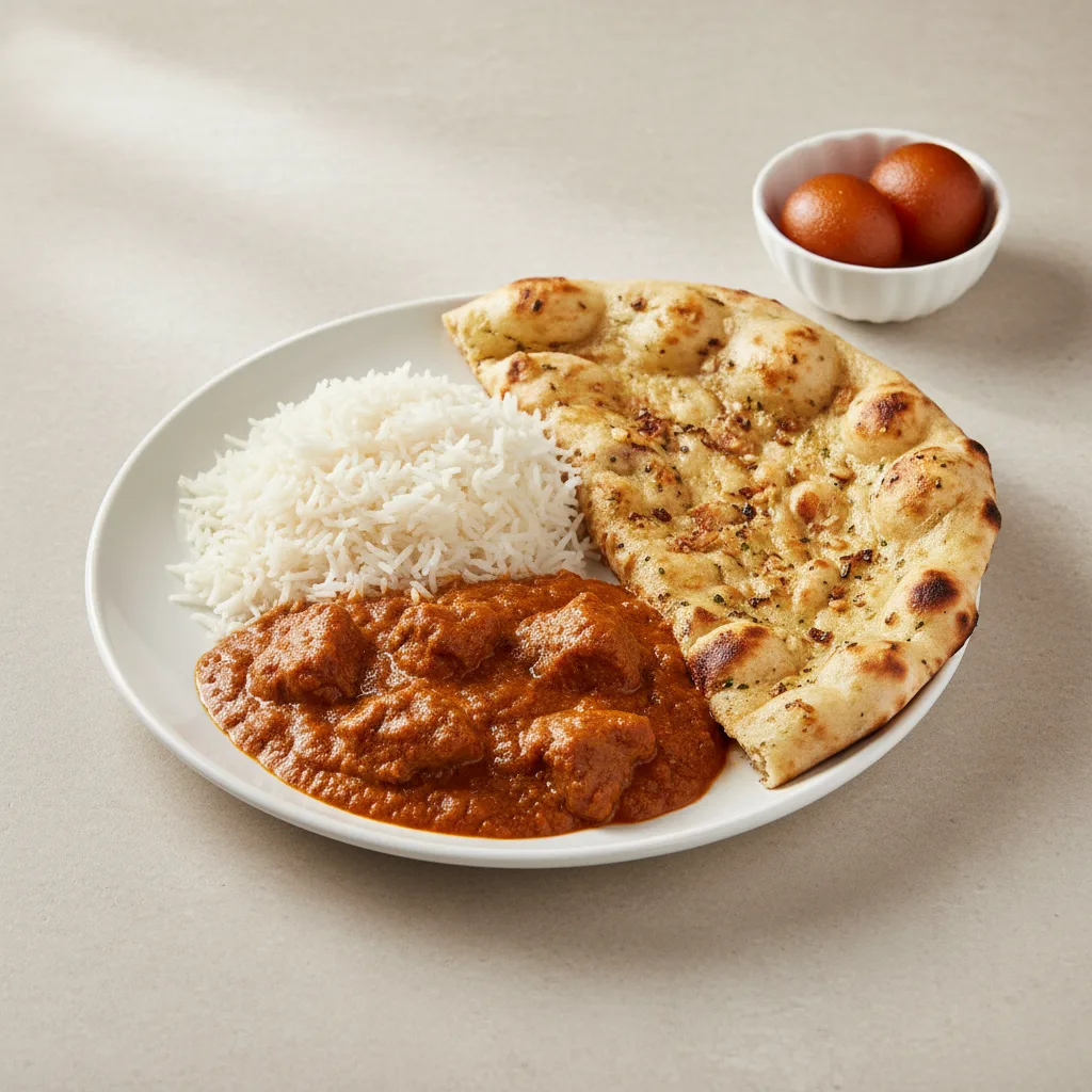 Lamb Tikka Masala Bowl With Garlic Naan & Gulab Jamun Lamb Tikka Masala Bowl With Garlic Naan & Gulab Jamun