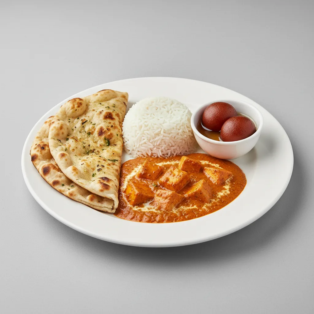 Paneer Butter Masala Bowl With Garlic Naan & Gulab Jamun Paneer Butter Masala Bowl With Garlic Naan & Gulab Jamun