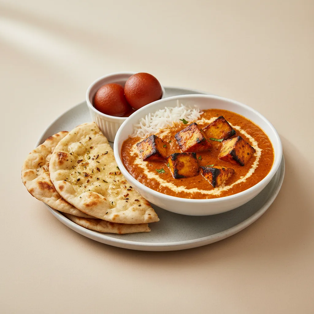 Paneer Tikka Masala Bowl With Garlic Naan & Gulab Jamun Paneer Tikka Masala Bowl With Garlic Naan & Gulab Jamun