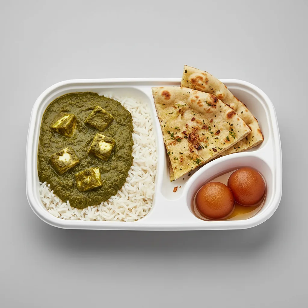 Saag Paneer Bowl With Garlic Naan & Gulab Jamun Saag Paneer Bowl With Garlic Naan & Gulab Jamun