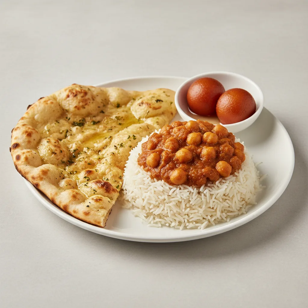 Chana Masala Bowl With Garlic Naan & Gulab Jamun Chana Masala Bowl With Garlic Naan & Gulab Jamun