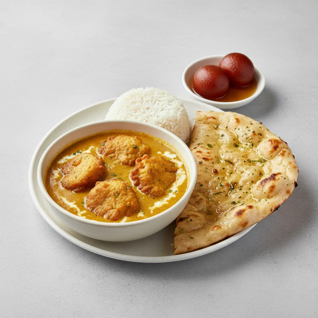 Kadhi Pakora Bowl With Garlic Naan & Gulab Jamun Kadhi Pakora Bowl With Garlic Naan & Gulab Jamun