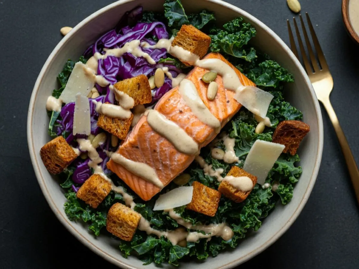 Kale Caesar Salad Bowl with Salmon