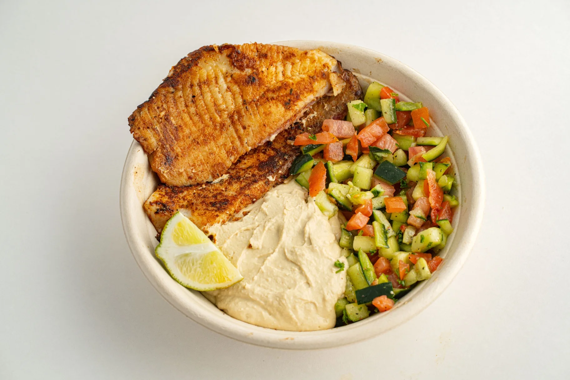 Grilled Fish Hummus Salad — White