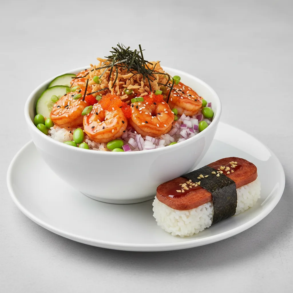 Spicy Shrimp Bowl Combo (Regular) — White Rice / Garlic Spam Musubi Spicy Shrimp Bowl Combo (Regular) — White Rice / Garlic Spam Musubi
