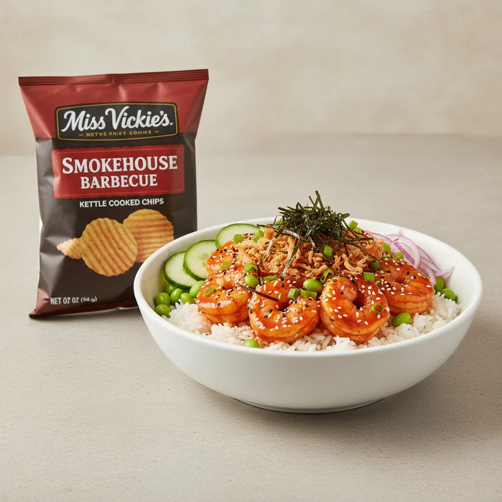 Spicy Shrimp Bowl Combo (Regular) — White Rice / Miss Vickie's Smokehouse Barbecue Kettle Cooked Potato Chips Spicy Shrimp Bowl Combo (Regular) — White Rice / Miss Vickie's Smokehouse Barbecue Kettle Cooked Potato Chips