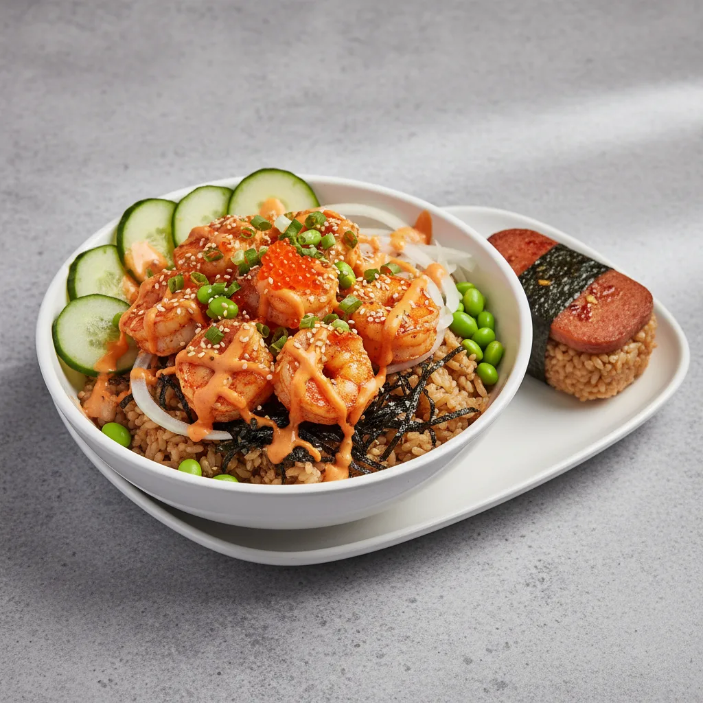 Spicy Shrimp Bowl Combo (Regular) — Brown Rice / Garlic Spam Musubi Spicy Shrimp Bowl Combo (Regular) — Brown Rice / Garlic Spam Musubi