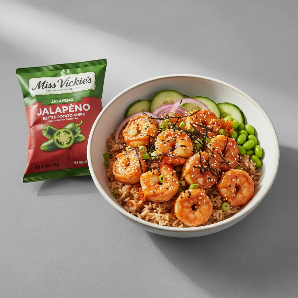 Spicy Shrimp Bowl Combo (Regular) — Brown Rice / Miss Vickie's Jalapeno Kettle Cooked Potato Chips Spicy Shrimp Bowl Combo (Regular) — Brown Rice / Miss Vickie's Jalapeno Kettle Cooked Potato Chips