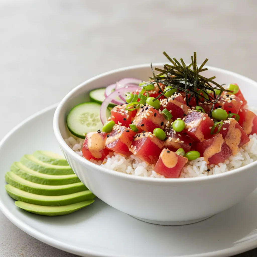 Gluten Free Spicy Ahi Bowl Combo (Regular) — White Rice / Side of Avocado Gluten Free Spicy Ahi Bowl Combo (Regular) — White Rice / Side of Avocado