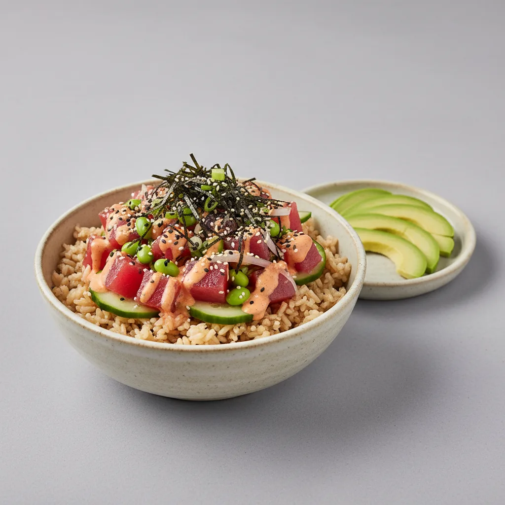 Gluten Free Spicy Ahi Bowl Combo (Regular) — Brown Rice / Side of Avocado Gluten Free Spicy Ahi Bowl Combo (Regular) — Brown Rice / Side of Avocado