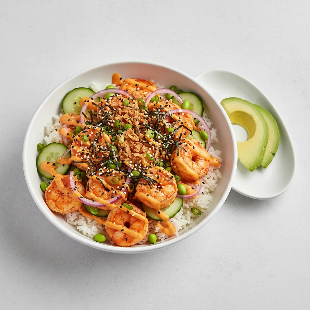 Gluten Free Spicy Shrimp Bowl Combo (Regular) — White Rice / Side of Avocado Gluten Free Spicy Shrimp Bowl Combo (Regular) — White Rice / Side of Avocado