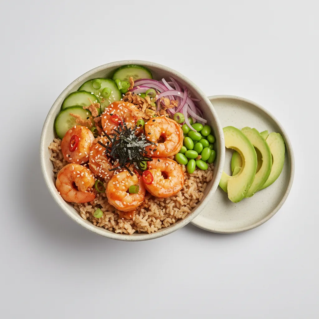 Gluten Free Spicy Shrimp Bowl Combo (Regular) — Brown Rice / Side of Avocado Gluten Free Spicy Shrimp Bowl Combo (Regular) — Brown Rice / Side of Avocado