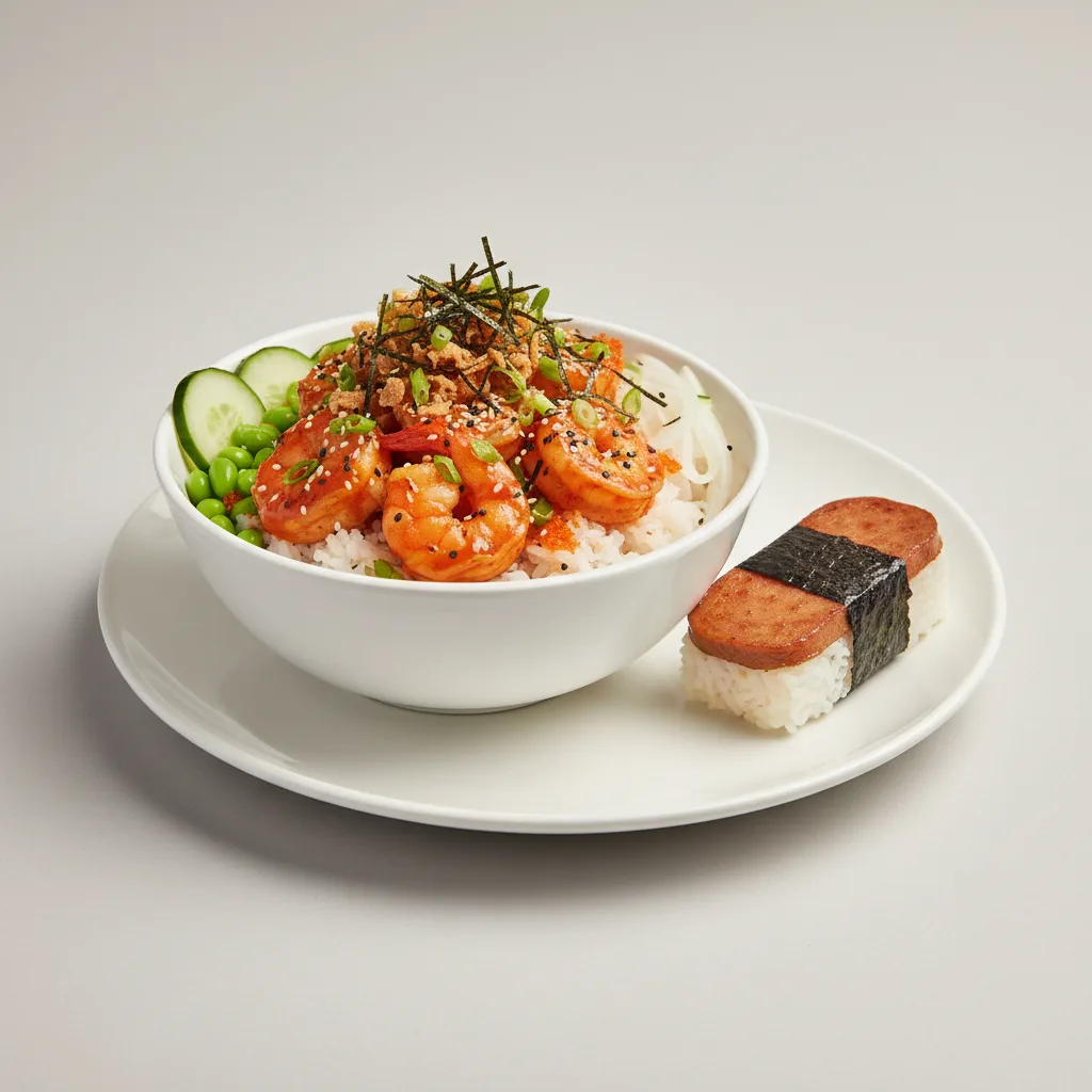 Spicy Shrimp Bowl Combo (Regular) — White Rice / Garlic Spam Musubi Spicy Shrimp Bowl Combo (Regular) — White Rice / Garlic Spam Musubi