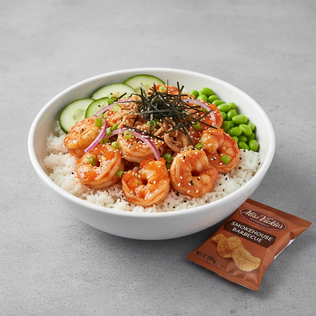 Spicy Shrimp Bowl Combo (Regular) — White Rice / Miss Vickie's Smokehouse Barbecue Kettle Cooked Potato Chips Spicy Shrimp Bowl Combo (Regular) — White Rice / Miss Vickie's Smokehouse Barbecue Kettle Cooked Potato Chips