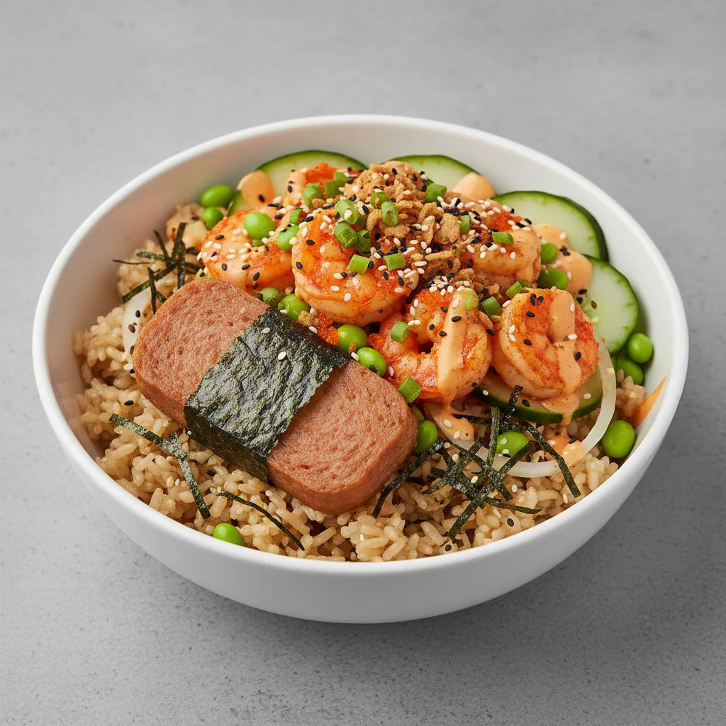 Spicy Shrimp Bowl Combo (Regular) — Brown Rice / Garlic Spam Musubi Spicy Shrimp Bowl Combo (Regular) — Brown Rice / Garlic Spam Musubi