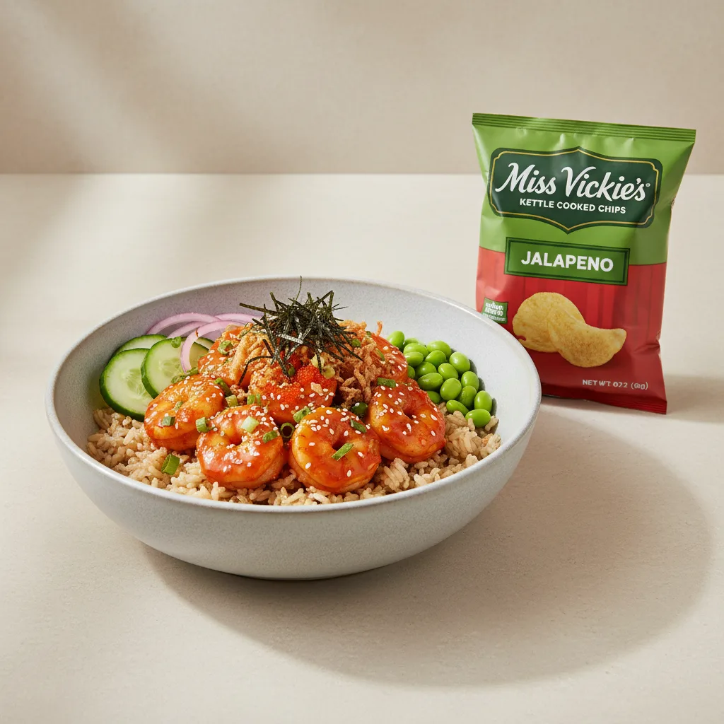 Spicy Shrimp Bowl Combo (Regular) — Brown Rice / Miss Vickie's Jalapeno Kettle Cooked Potato Chips Spicy Shrimp Bowl Combo (Regular) — Brown Rice / Miss Vickie's Jalapeno Kettle Cooked Potato Chips