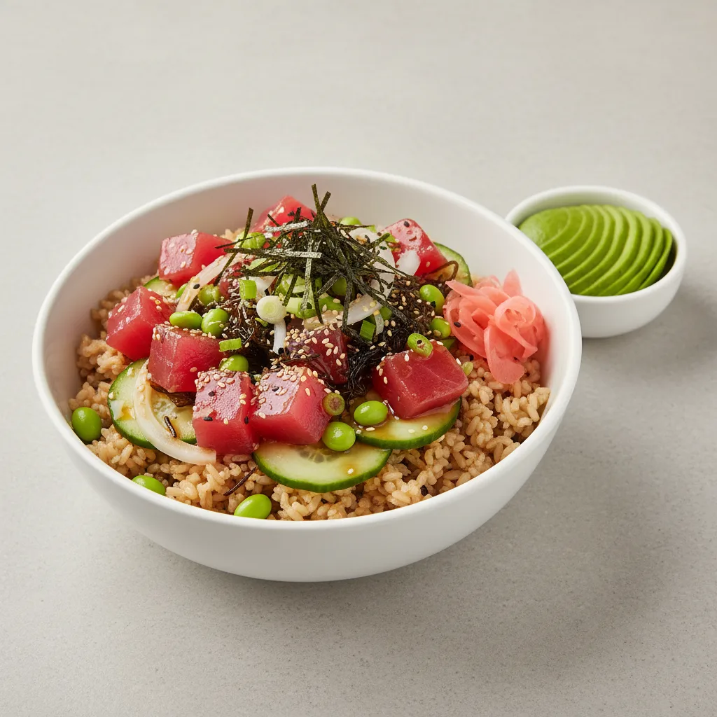Gluten Free Umami Ahi Bowl Combo (Regular) — Brown Rice / Side of Avocado Gluten Free Umami Ahi Bowl Combo (Regular) — Brown Rice / Side of Avocado