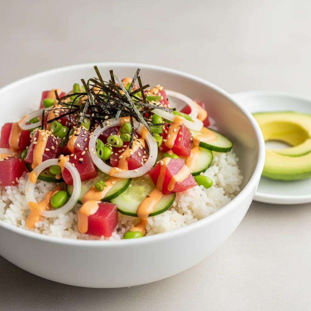 Gluten Free Spicy Ahi Bowl Combo (Regular) — White Rice / Side of Avocado Gluten Free Spicy Ahi Bowl Combo (Regular) — White Rice / Side of Avocado