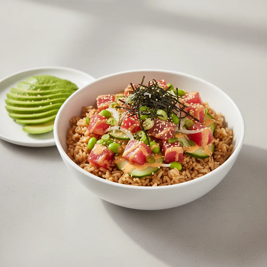 Gluten Free Spicy Ahi Bowl Combo (Regular) — Brown Rice / Side of Avocado Gluten Free Spicy Ahi Bowl Combo (Regular) — Brown Rice / Side of Avocado