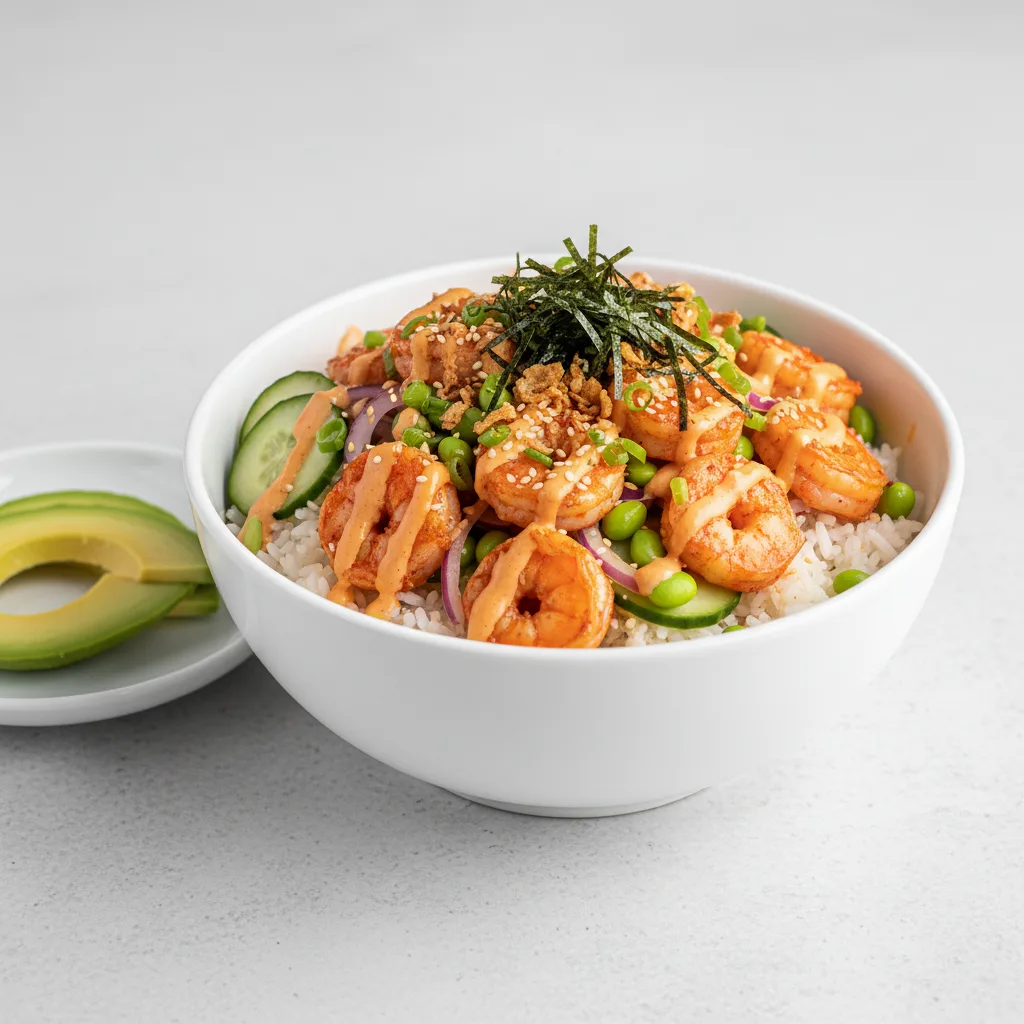 Gluten Free Spicy Shrimp Bowl Combo (Regular) — White Rice / Side of Avocado Gluten Free Spicy Shrimp Bowl Combo (Regular) — White Rice / Side of Avocado