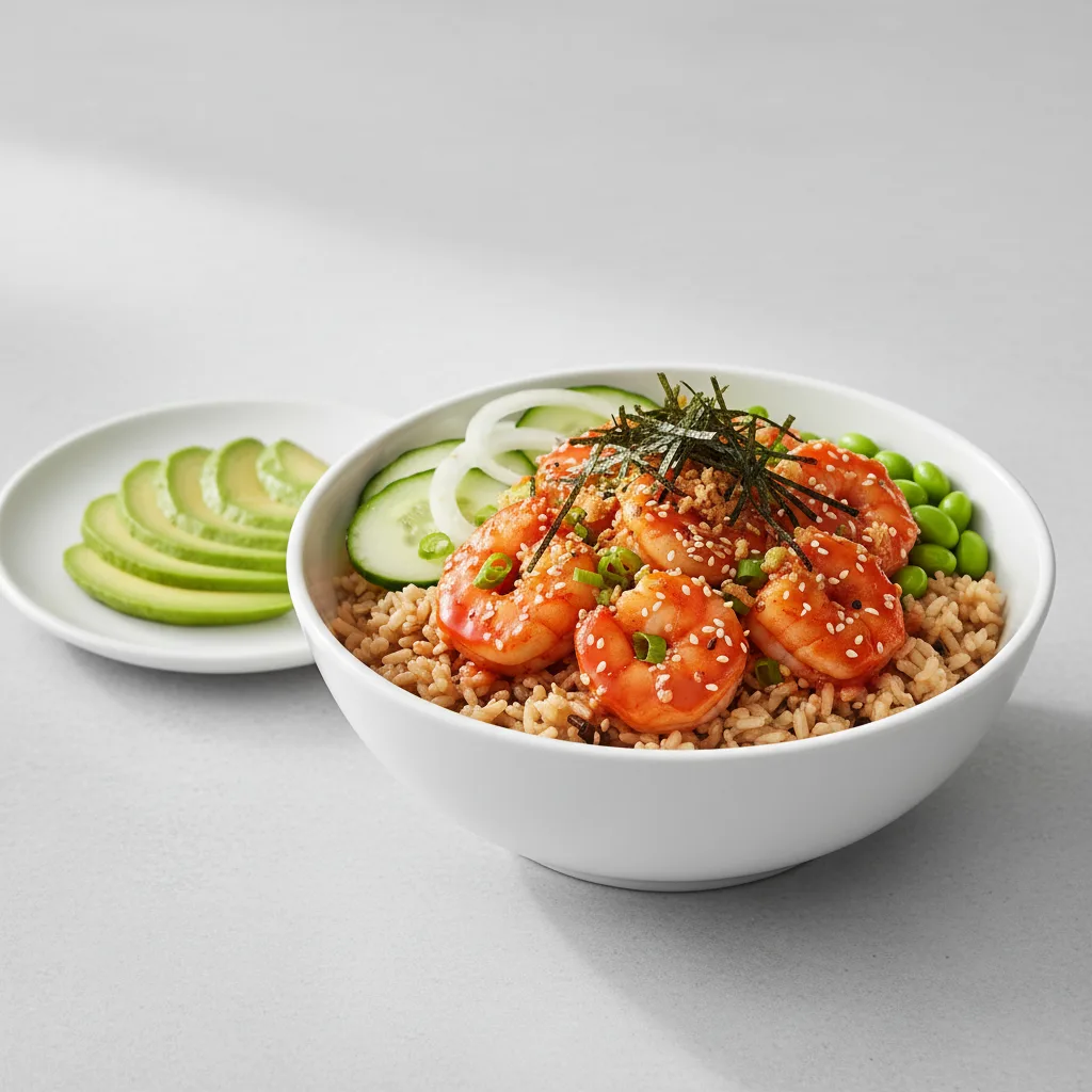 Gluten Free Spicy Shrimp Bowl Combo (Regular) — Brown Rice / Side of Avocado Gluten Free Spicy Shrimp Bowl Combo (Regular) — Brown Rice / Side of Avocado