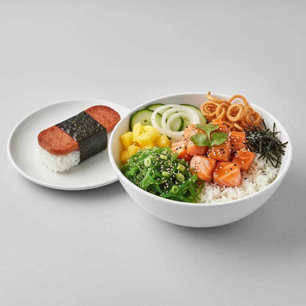 Yuzu Ponzu Salmon Bowl Combo (Regular) — White Rice / Garlic Spam Musubi Yuzu Ponzu Salmon Bowl Combo (Regular) — White Rice / Garlic Spam Musubi