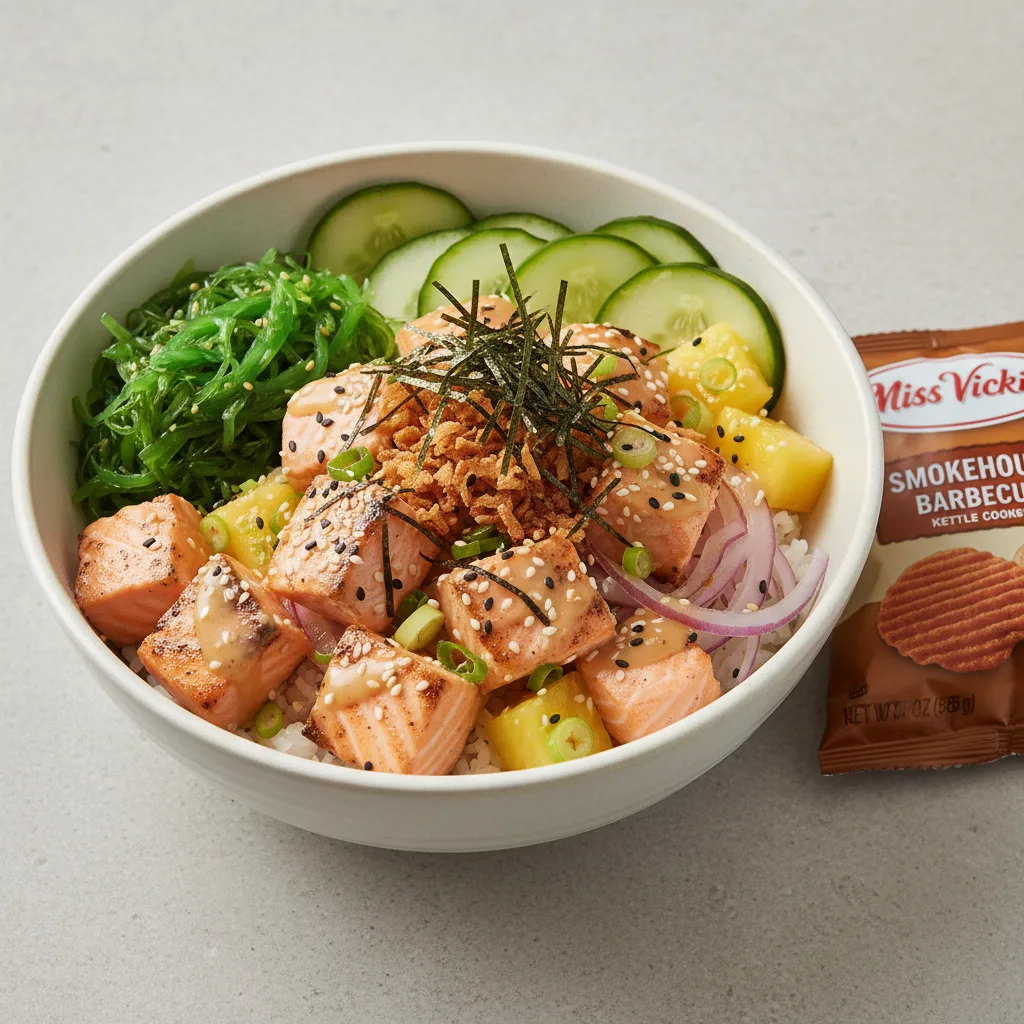 Yuzu Ponzu Salmon Bowl Combo (Regular) — White Rice / Miss Vickie's Smokehouse Barbecue Kettle Cooked Potato Chips Yuzu Ponzu Salmon Bowl Combo (Regular) — White Rice / Miss Vickie's Smokehouse Barbecue Kettle Cooked Potato Chips