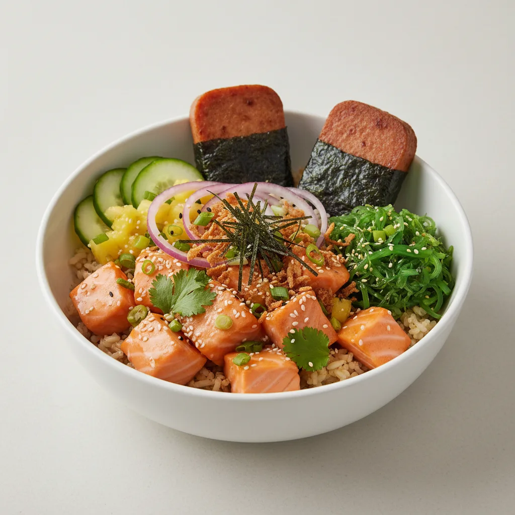 Yuzu Ponzu Salmon Bowl Combo (Regular) — Brown Rice / Garlic Spam Musubi Yuzu Ponzu Salmon Bowl Combo (Regular) — Brown Rice / Garlic Spam Musubi