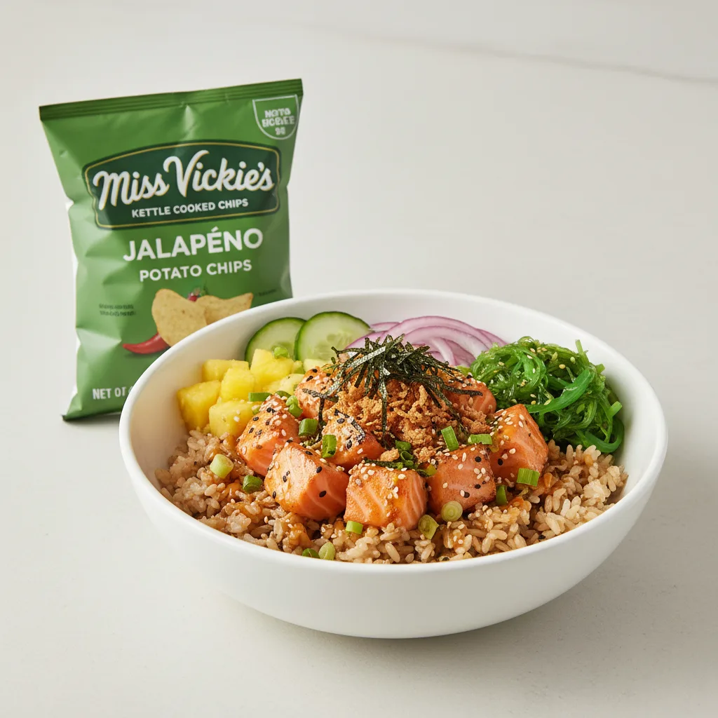Yuzu Ponzu Salmon Bowl Combo (Regular) — Brown Rice / Miss Vickie's Jalapeno Kettle Cooked Potato Chips Yuzu Ponzu Salmon Bowl Combo (Regular) — Brown Rice / Miss Vickie's Jalapeno Kettle Cooked Potato Chips
