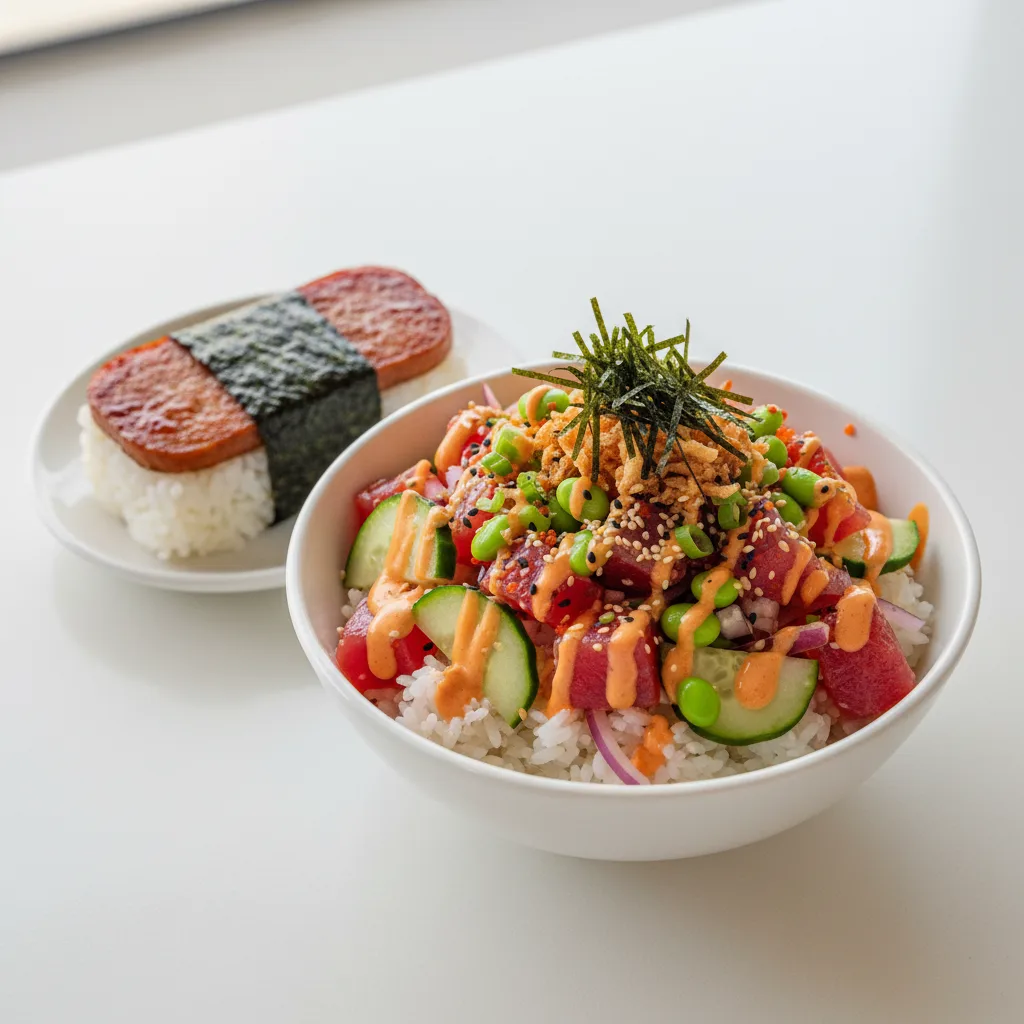 Spicy Ahi Bowl Combo (Regular) — White Rice / Garlic Spam Musubi Spicy Ahi Bowl Combo (Regular) — White Rice / Garlic Spam Musubi