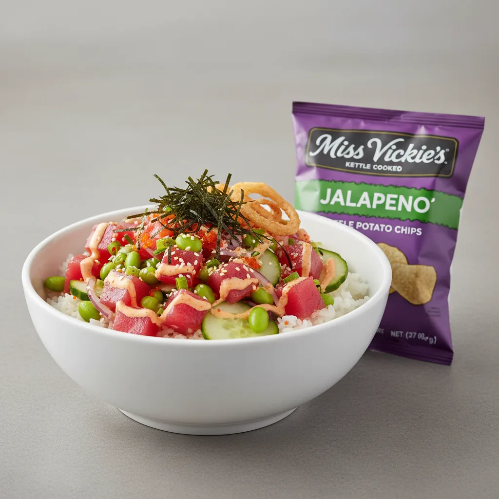Spicy Ahi Bowl Combo (Regular) — White Rice / Miss Vickie's Jalapeno Kettle Cooked Potato Chips Spicy Ahi Bowl Combo (Regular) — White Rice / Miss Vickie's Jalapeno Kettle Cooked Potato Chips