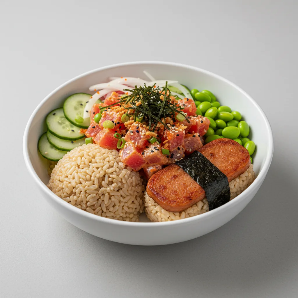 Spicy Ahi Bowl Combo (Regular) — Brown Rice / Garlic Spam Musubi Spicy Ahi Bowl Combo (Regular) — Brown Rice / Garlic Spam Musubi