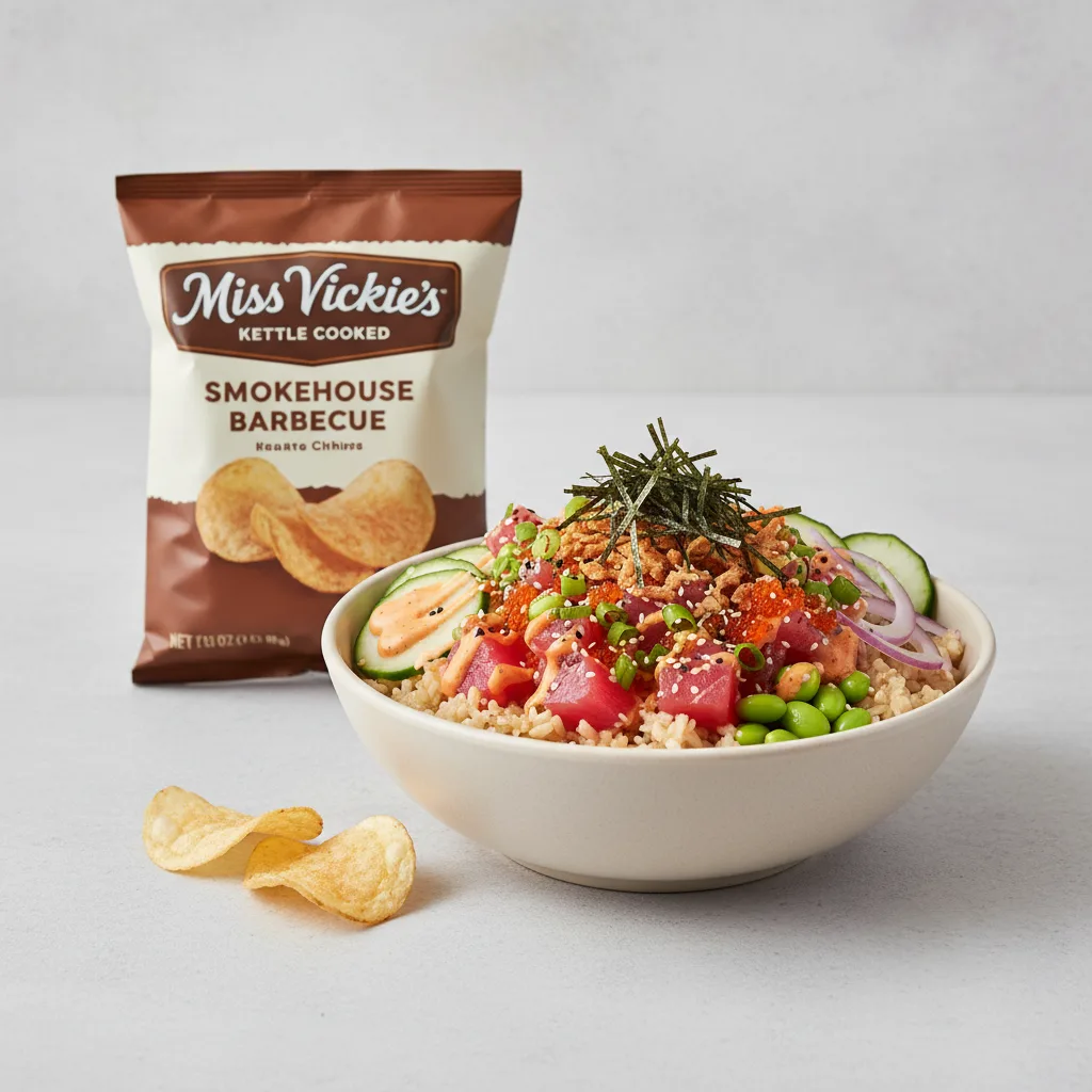 Spicy Ahi Bowl Combo (Regular) — Brown Rice / Miss Vickie's Smokehouse Barbecue Kettle Cooked Potato Chips Spicy Ahi Bowl Combo (Regular) — Brown Rice / Miss Vickie's Smokehouse Barbecue Kettle Cooked Potato Chips