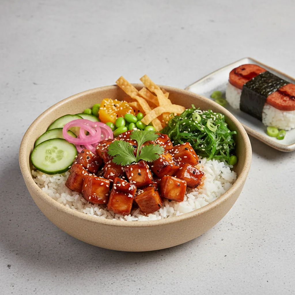 Sweet Sesame Chicken Bowl Combo (Regular) — White Rice / Garlic Spam Musubi Sweet Sesame Chicken Bowl Combo (Regular) — White Rice / Garlic Spam Musubi
