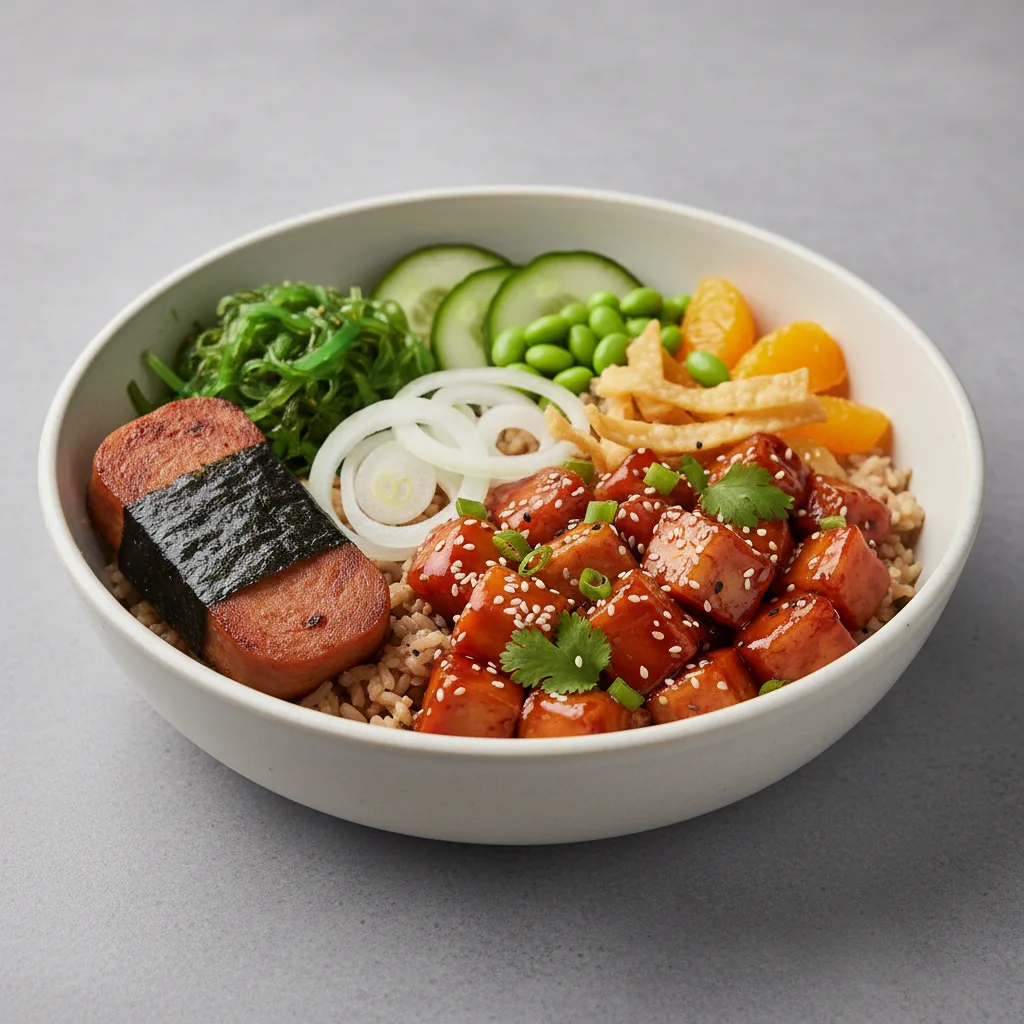 Sweet Sesame Chicken Bowl Combo (Regular) — Brown Rice / Garlic Spam Musubi Sweet Sesame Chicken Bowl Combo (Regular) — Brown Rice / Garlic Spam Musubi