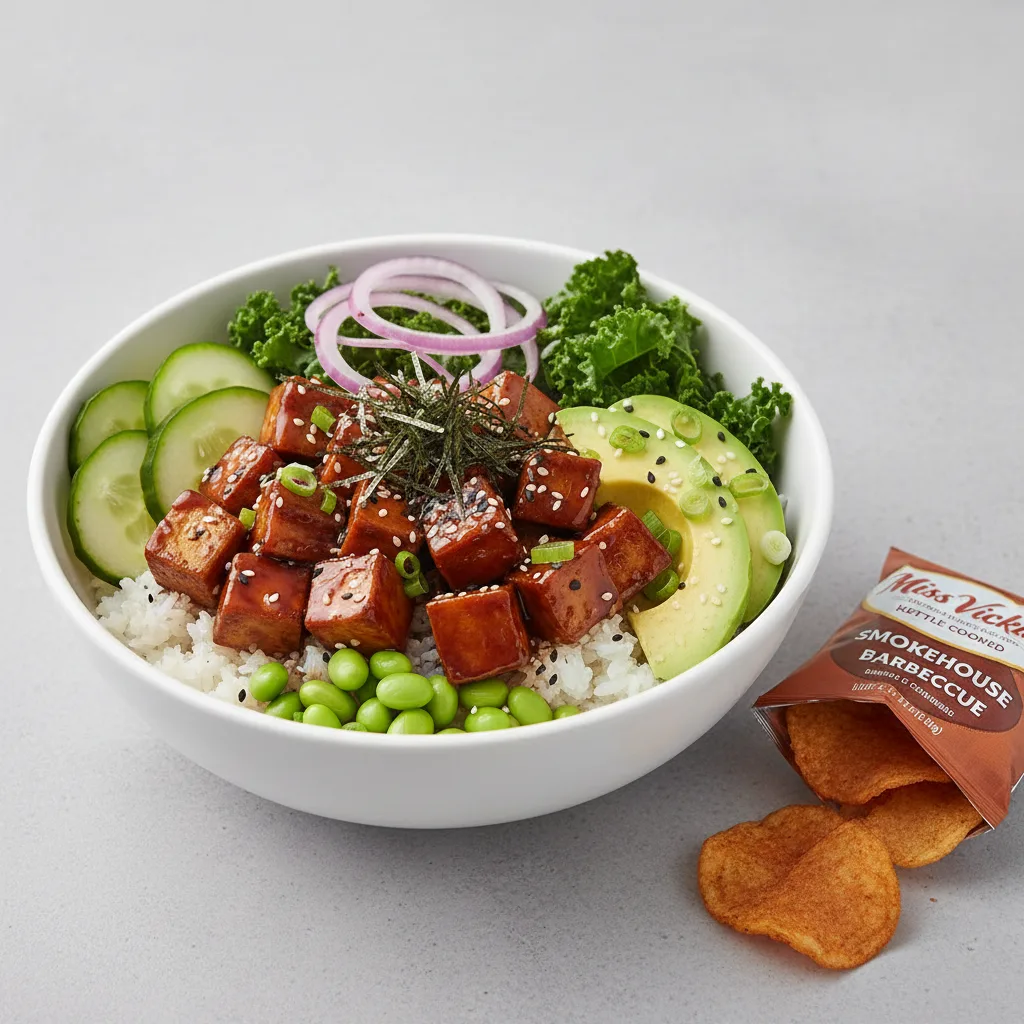 Sweet Shoyu Tofu Bowl Combo (Regular) — White Rice / Miss Vickie's Smokehouse Barbecue Kettle Cooked Potato Chips Sweet Shoyu Tofu Bowl Combo (Regular) — White Rice / Miss Vickie's Smokehouse Barbecue Kettle Cooked Potato Chips