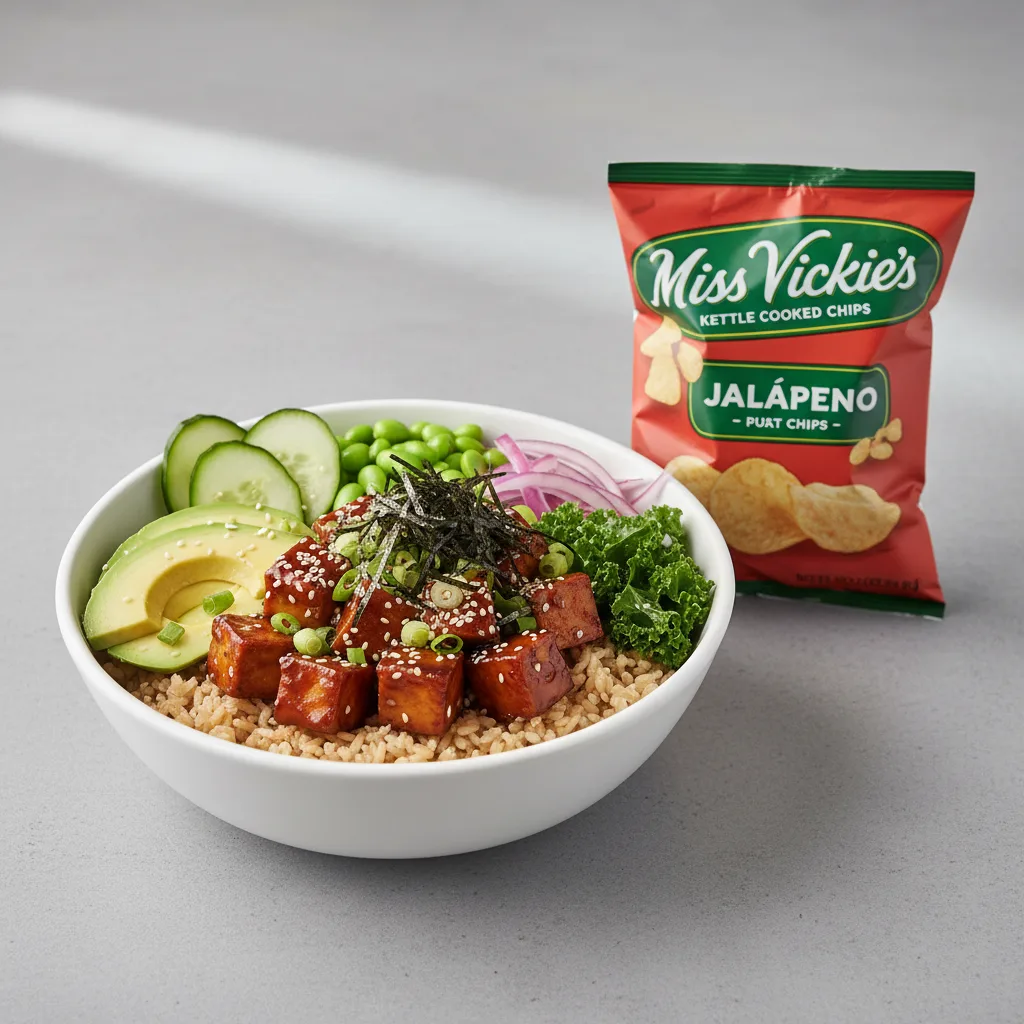 Sweet Shoyu Tofu Bowl Combo (Regular) — Brown Rice / Miss Vickie's Jalapeno Kettle Cooked Potato Chips Sweet Shoyu Tofu Bowl Combo (Regular) — Brown Rice / Miss Vickie's Jalapeno Kettle Cooked Potato Chips