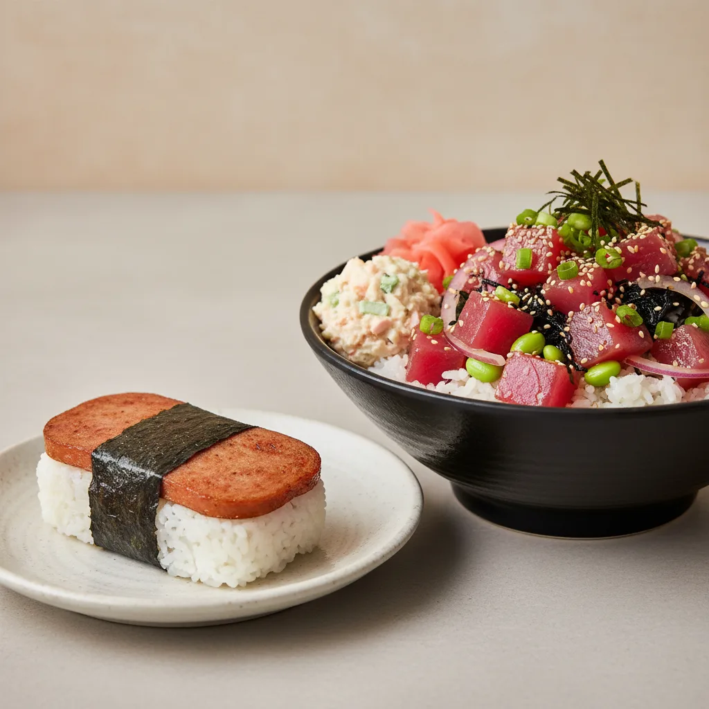 Umami Ahi Bowl Combo (Regular) — White Rice / Garlic Spam Musubi Umami Ahi Bowl Combo (Regular) — White Rice / Garlic Spam Musubi