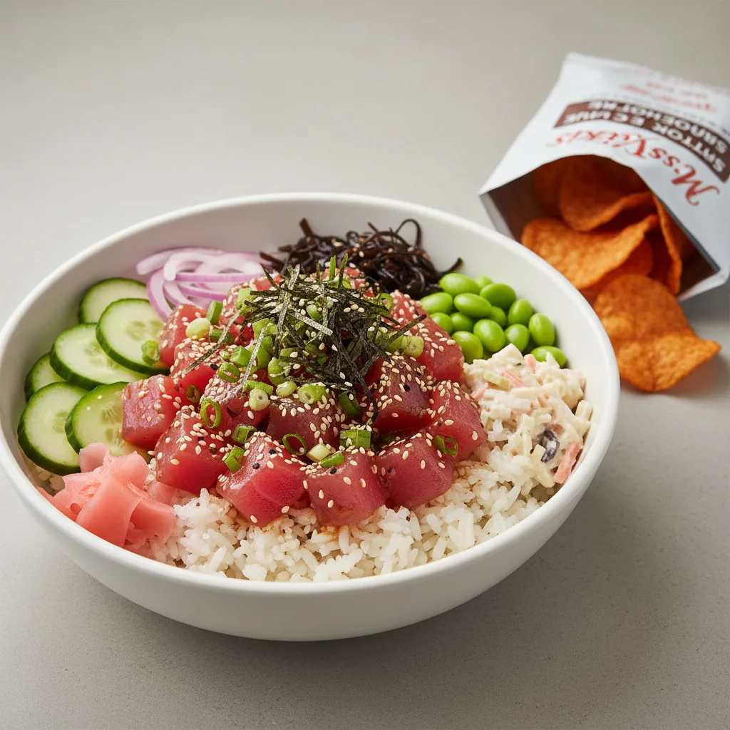 Umami Ahi Bowl Combo (Regular) — White Rice / Miss Vickie's Smokehouse Barbecue Kettle Cooked Potato Chips Umami Ahi Bowl Combo (Regular) — White Rice / Miss Vickie's Smokehouse Barbecue Kettle Cooked Potato Chips