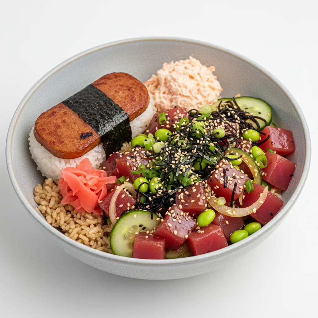 Umami Ahi Bowl Combo (Regular) — Brown Rice / Garlic Spam Musubi Umami Ahi Bowl Combo (Regular) — Brown Rice / Garlic Spam Musubi